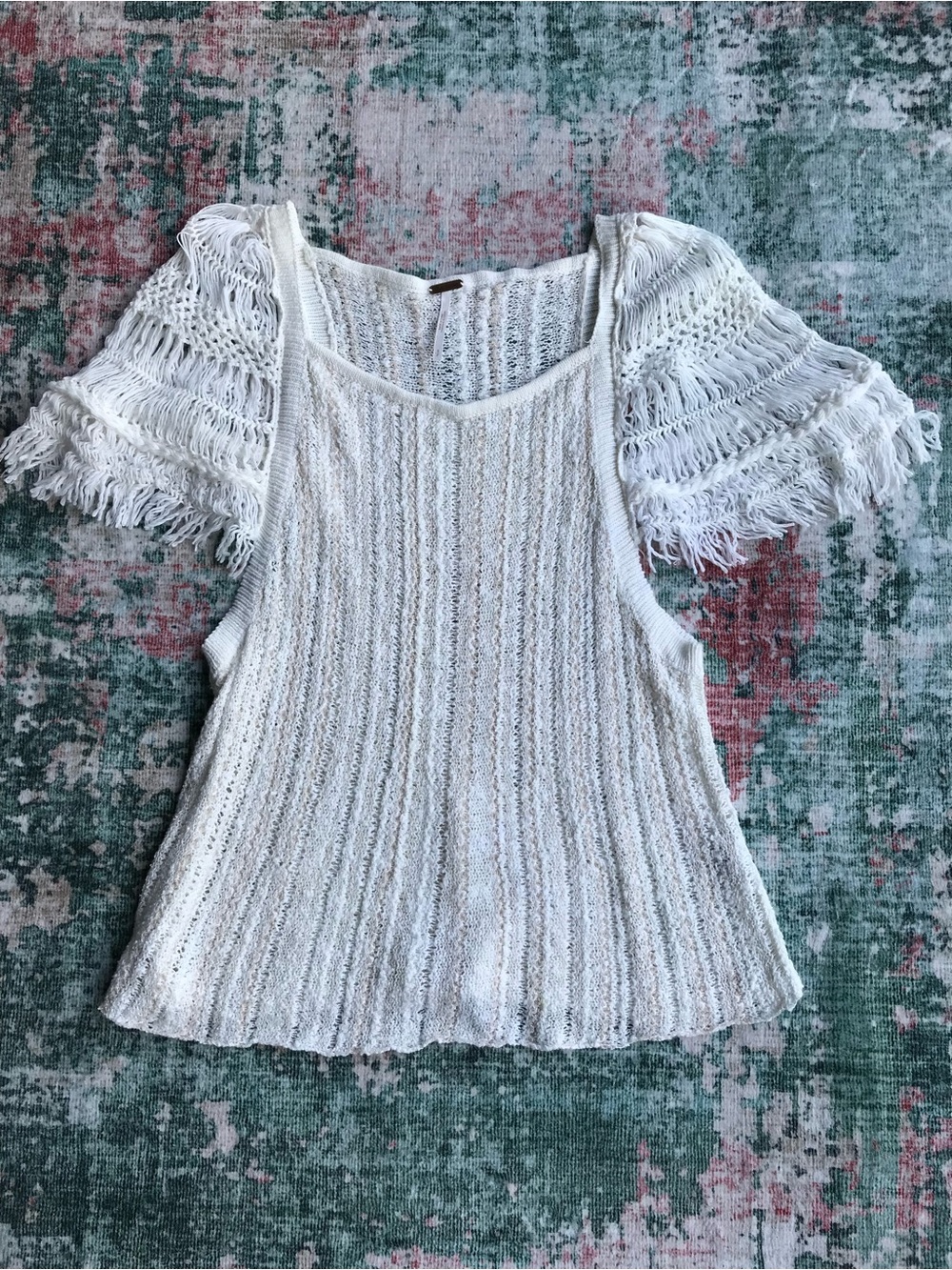 Free People Cream Crochet Knit Tank with Fringe Sleeves